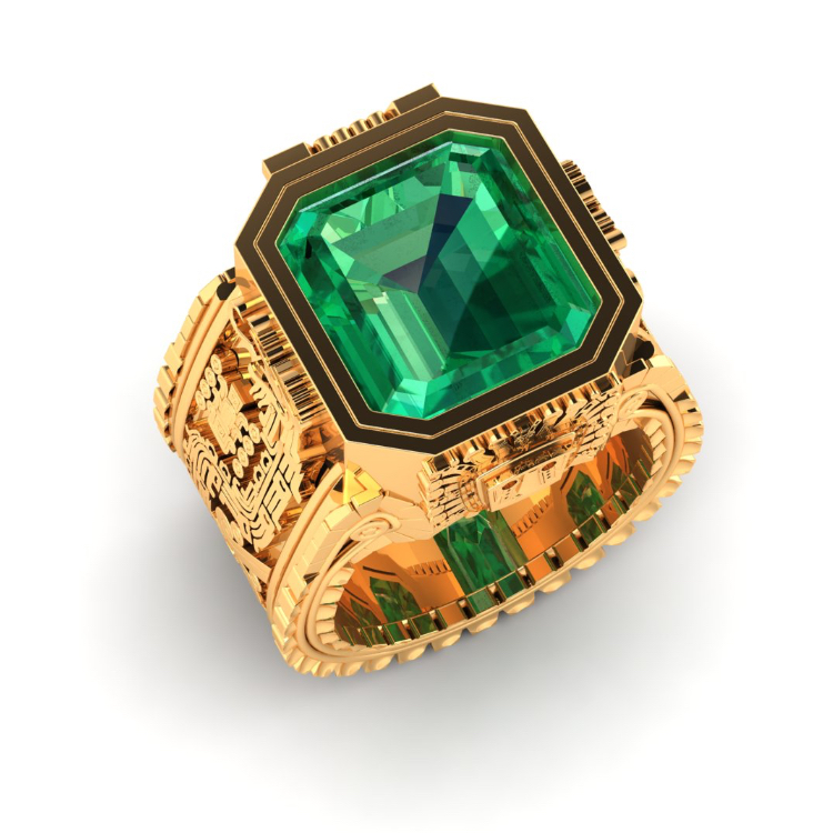 Ancient Civilizations Inspired Emerald and 24ct Gold Ring perspective view, bespoke jewellery CAD design by Jesper Tillqvist