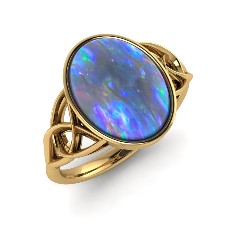 Trinity Knot Celtic Opal Gold Ring perspective view, bespoke jewellery CAD design by Jesper Tillqvist