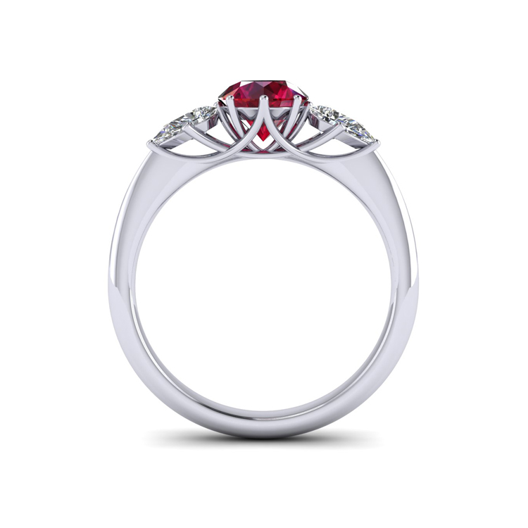 Crown Ruby and Diamond Platinum Engagement Ring Through Finger View