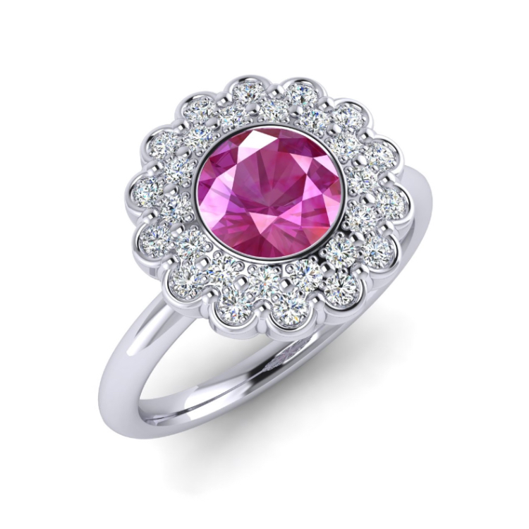 Floral Double Halo Pink Sapphire and Diamond Platinum Ring, bespoke jewellery CAD design by Jesper Tillqvist