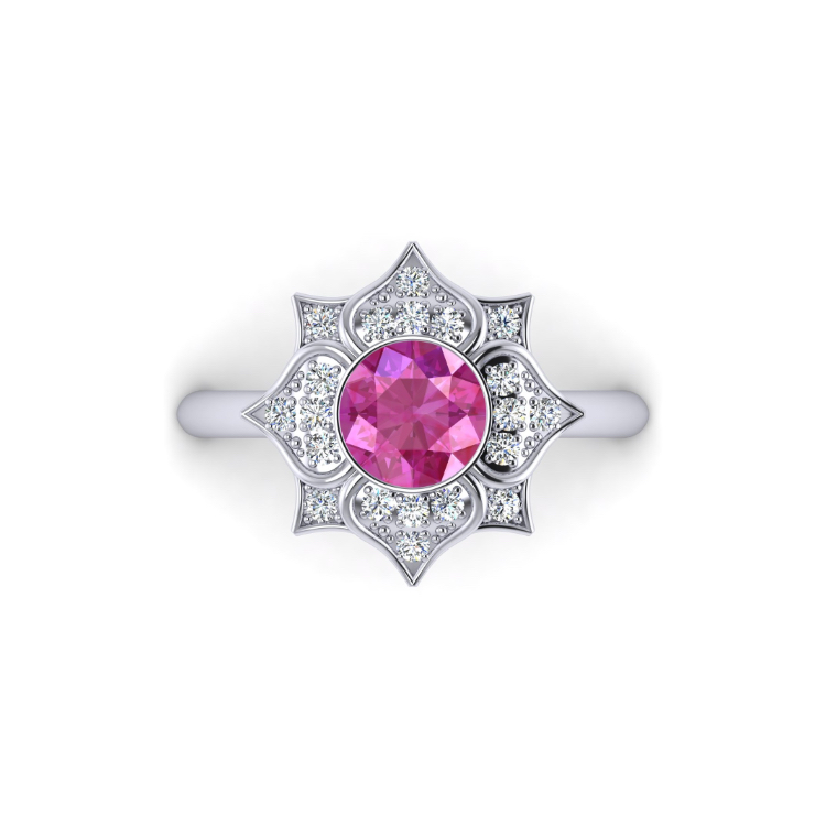 Platinum Sapphire and Diamond Flower Ring Looking Down View