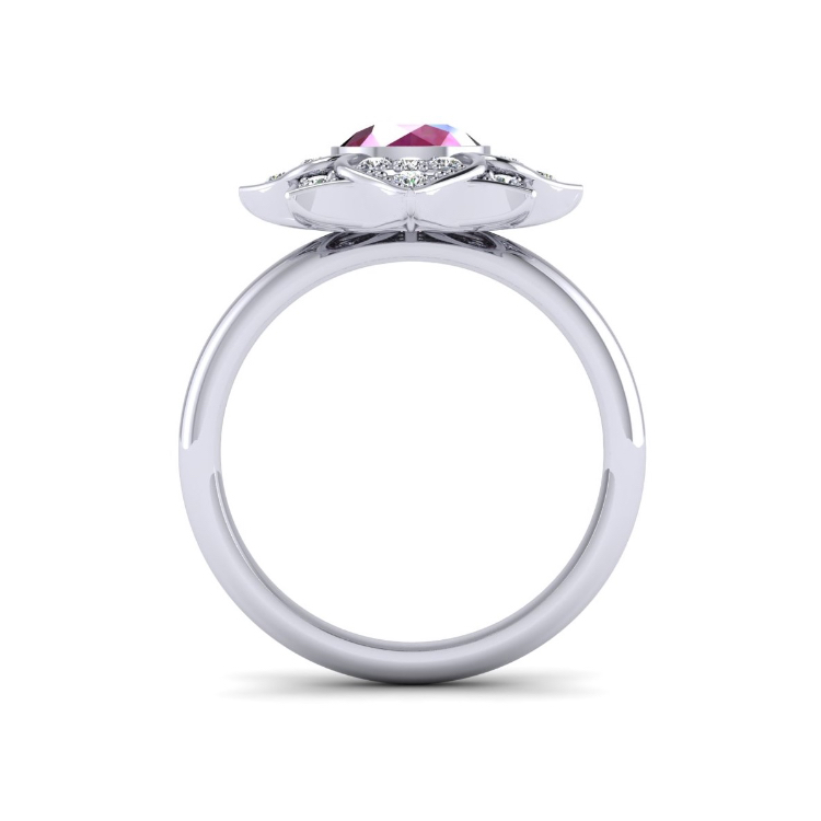 Platinum Sapphire and Diamond Flower Ring Through Finger View