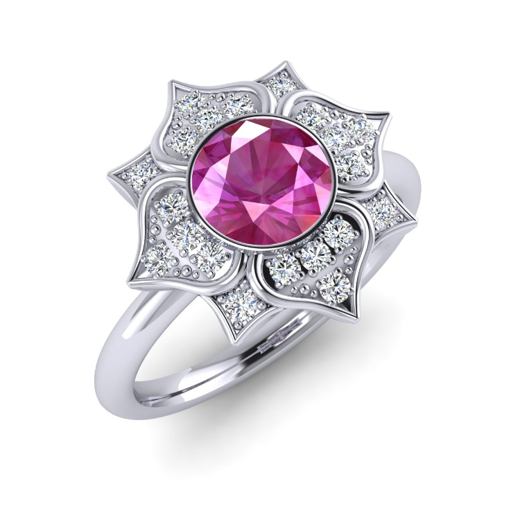 Platinum Sapphire and Diamond Flower Ring Perspective View