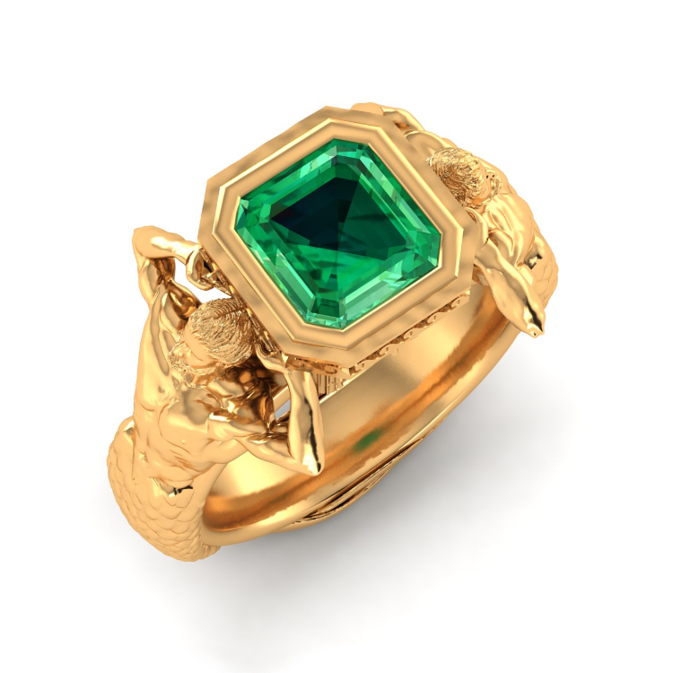 Poseidon and the Emerald Sea - Emerald in 24ct Gold Ring perspective view, bespoke jewellery CAD design by Jesper Tillqvist