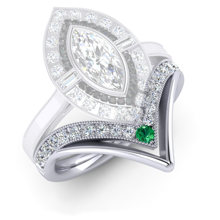 Fitted V platinum diamond and emerald weddingring Duo Perspective View