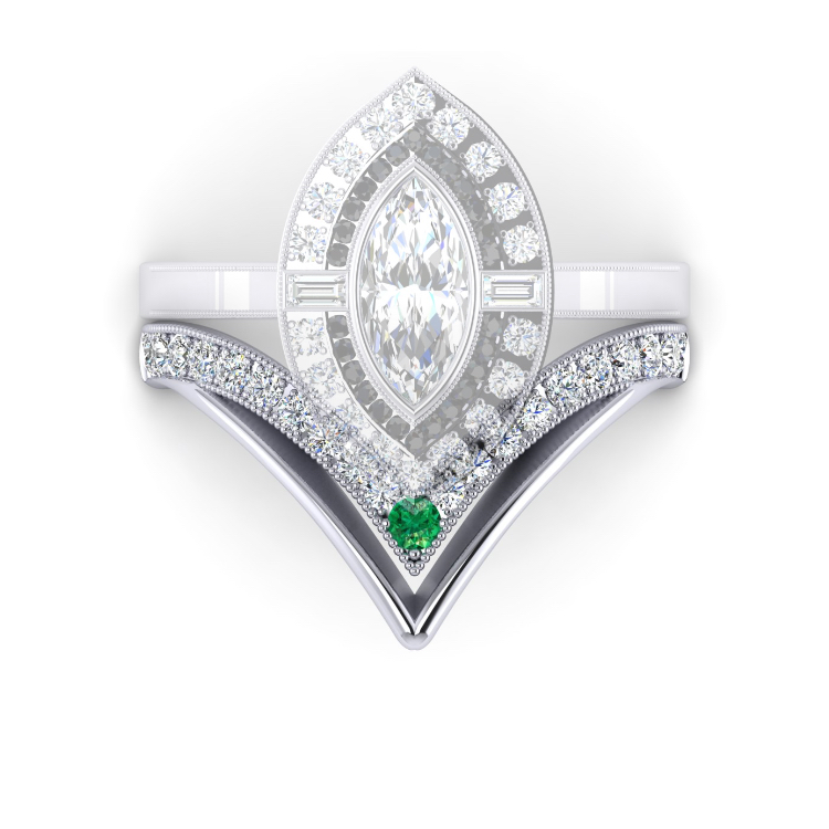 Fitted V platinum diamond and emerald weddingring Duo Looking Down View