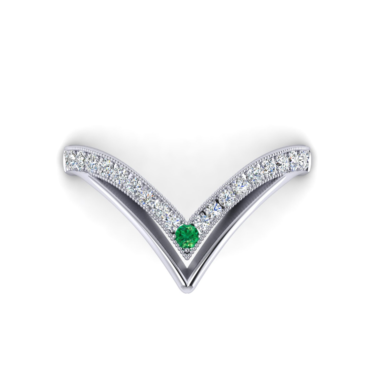 Fitted V platinum diamond and emerald weddingring Looking Down View