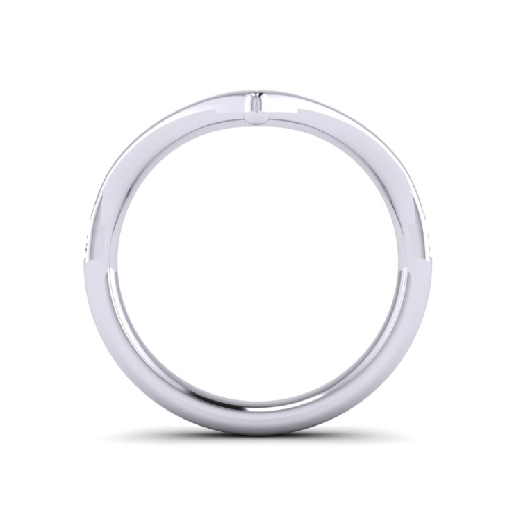 Fitted V platinum diamond and emerald weddingring Through Finger View