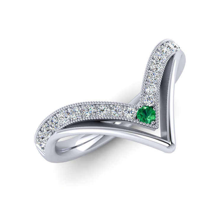 Emerald and Diamond Platinum Fitted V-Shaped Wedding Ring perspective view, bespoke jewellery CAD design by Jesper Tillqvist