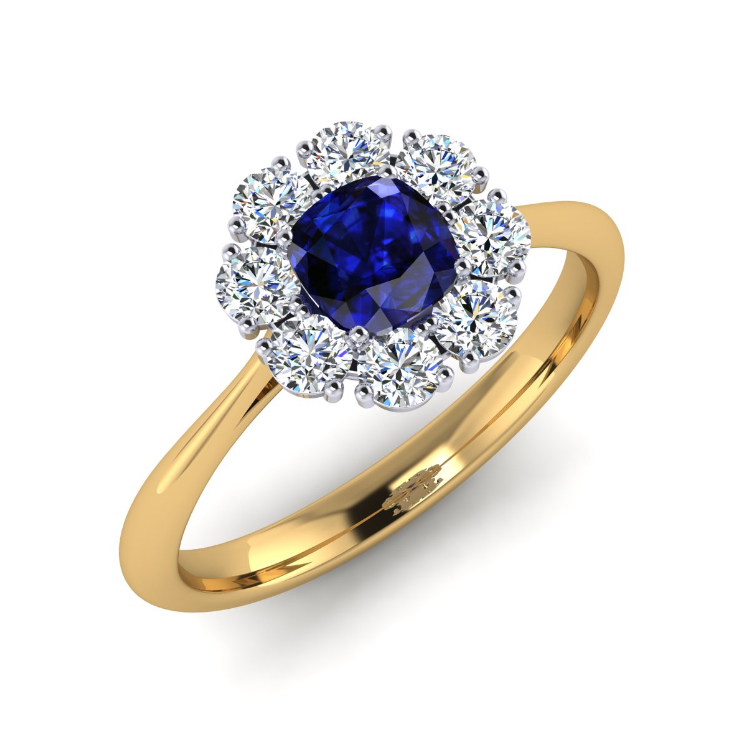 Blue Sapphire with Diamond Cluster Gold Ring perspective view, bespoke jewellery CAD design by Jesper Tillqvist