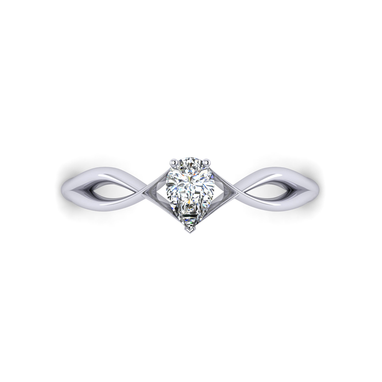 Pear shape Diamond Solitaire Platinum Cross Over Ring Perspective Looking Down View