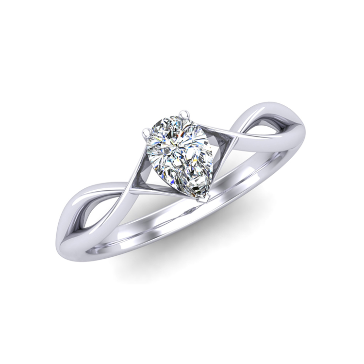 Pear Cut Solitair Diamond in Cross Over Design Platinum Ring perspective view, bespoke jewellery CAD design by Jesper Tillqvist
