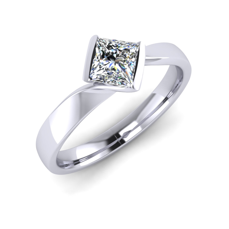 Platinum Ribbon with Princess Cut Diamond Ring perspective view, bespoke jewellery CAD design by Jesper Tillqvist