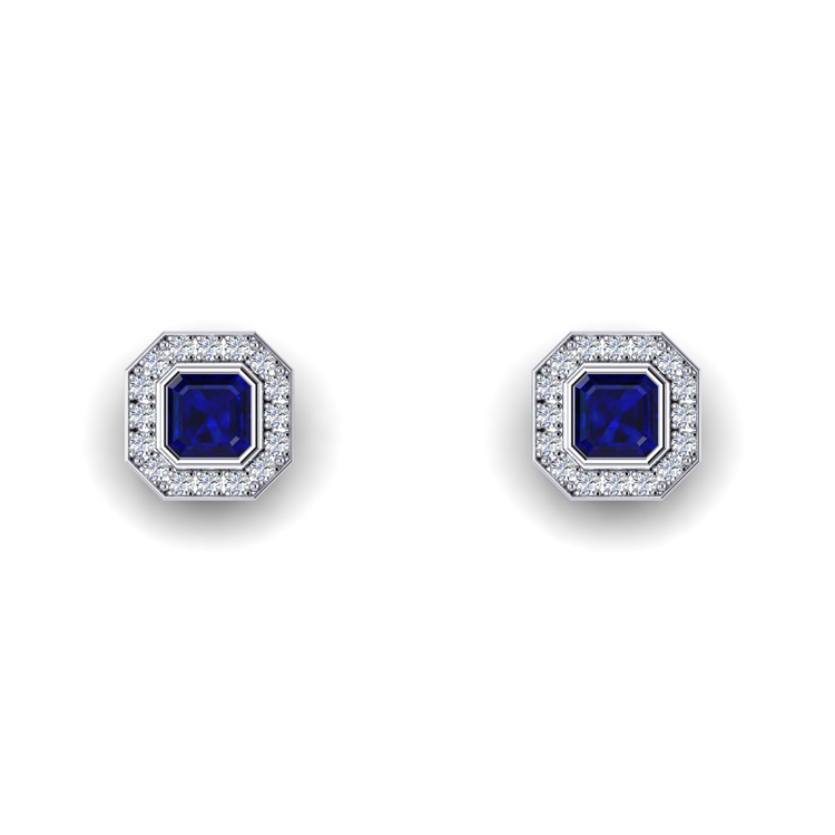 Blue Square Sapphire and Diamond Sleves Platinum Stud Earrings