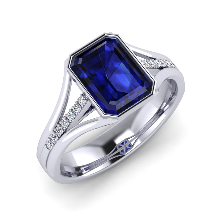 Ballroom Sapphire and Diamond Platinum Dress Ring perspective view, bespoke jewellery CAD design by Jesper Tillqvist