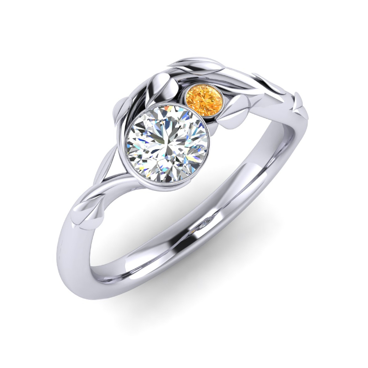 Asymmetric Platinum Engagement Ring with interweaving vines, D colour centre diamond, orange diamond accents and leaf details, bespoke jewellery CAD design by Jesper Tillqvist