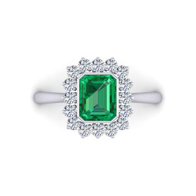 Traditional Emerald and Diamond Platinum Ring Looking Down View