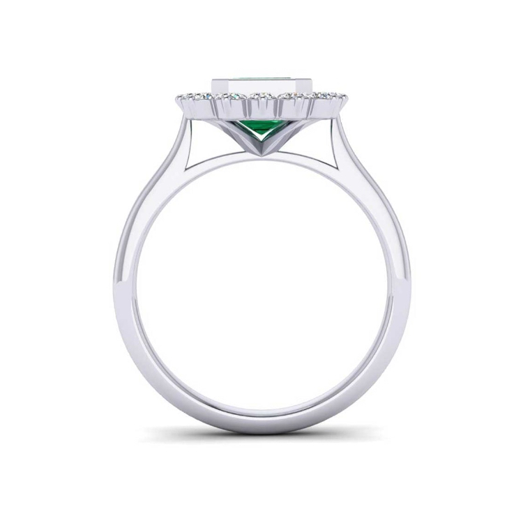 Traditional Emerald and Diamond Platinum Ring Through Finger View