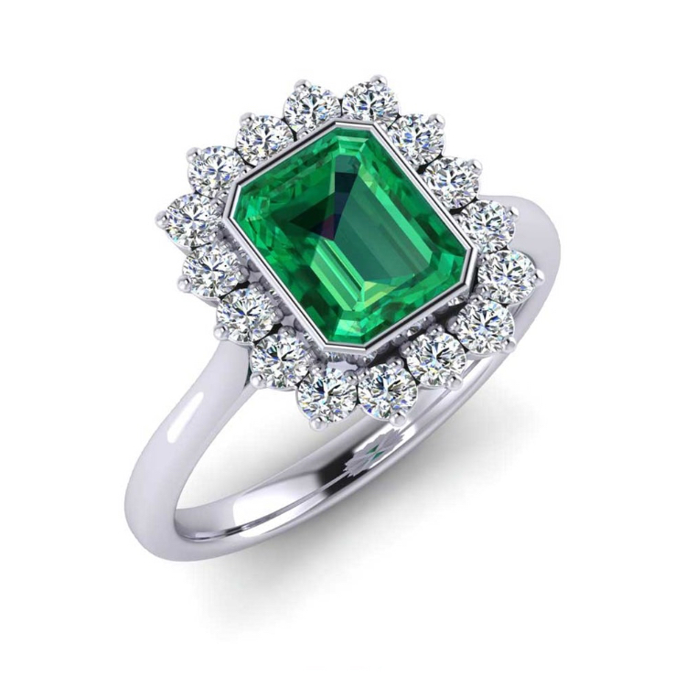 Traditional Emerald and Diamond Halo Platinum Ring perspective view, bespoke jewellery CAD design by Jesper Tillqvist