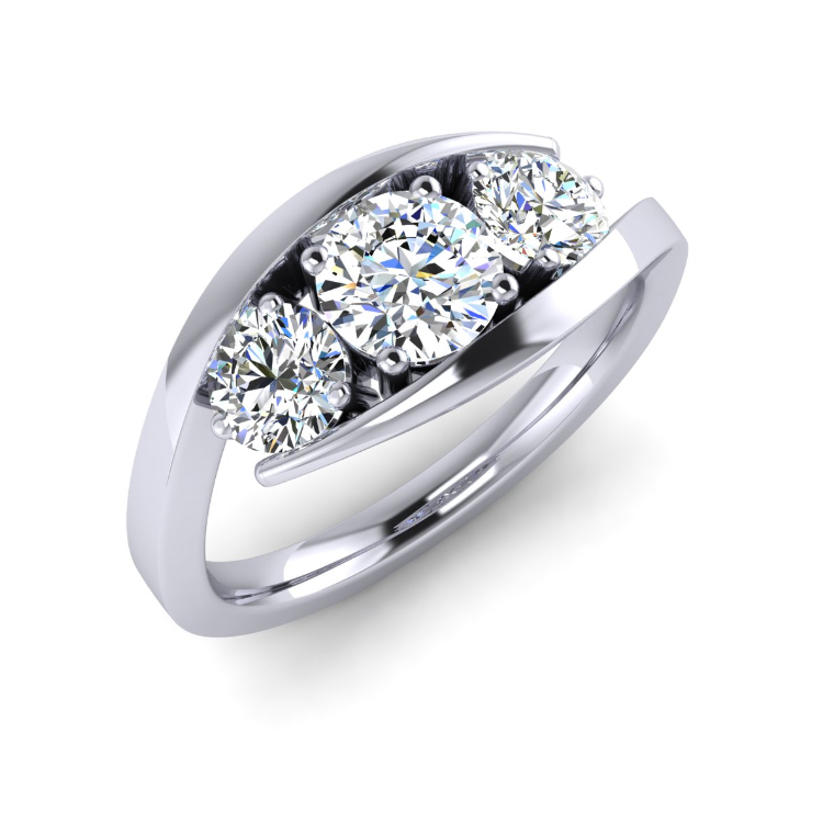 Elegant Trilogy Diamond Platinum Ring perspective view, bespoke jewellery CAD design by Jesper Tillqvist